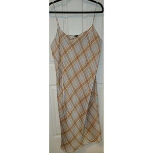 J. Crew Cupro Blend Slip Dress Sz 24 Blue Tan Plaid  Maxi  Sheath Minimalist